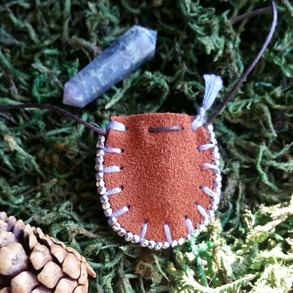 Leather Mini Mojo Bag Necklace by Rust Belt Raised Moss Agate Necklace
